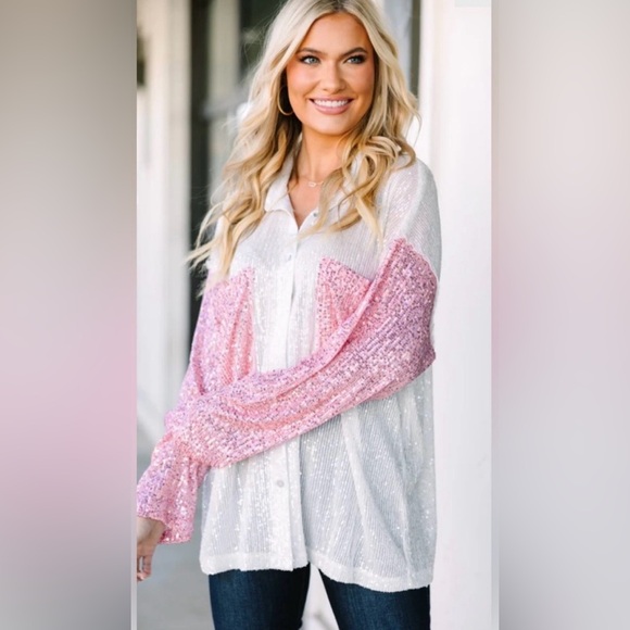 POL Tops - POL Let's Hit Broadway Pink Colorblock
Sequin Blouse Size Small PTP 23”-26” EUC